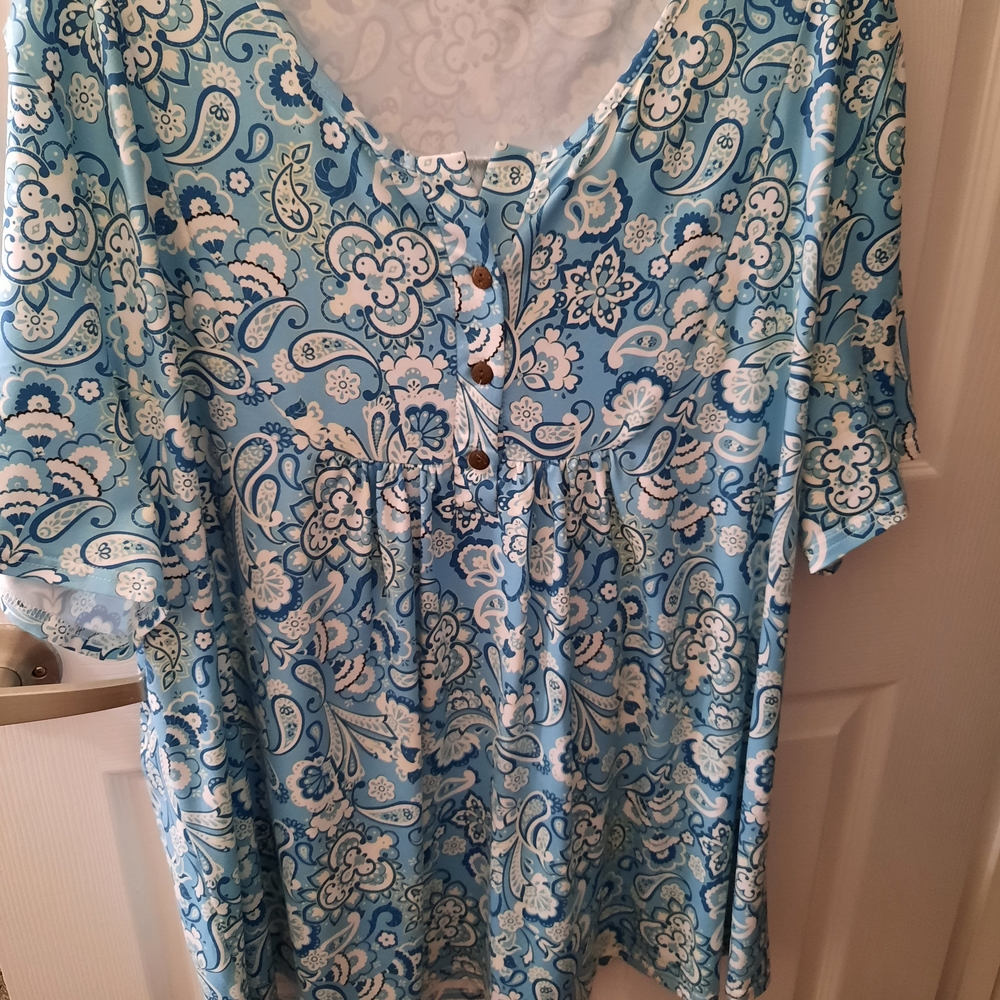 Blue Paisley Short Sleeve Button-Front Blouse